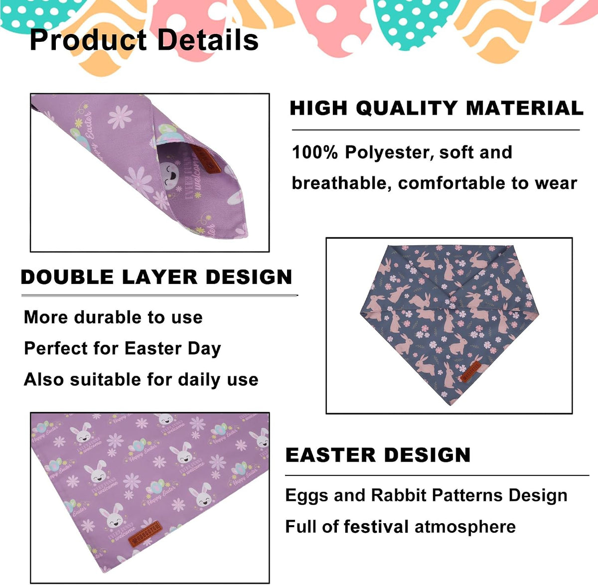 ADOGGYGO Easter Dog Bandanas, Reversible Bunny Floral Pet Scarf, Multi Size Offered, Rabbit Easter Bandana for Small Dogs Pets (Small)
