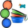 Collapsible Silicone Dog Bowls, 3-Pack Travel Pet Food Water Bowls | Orange, green & blue. 5.1 in wide, 2.1 in tall, folds to 0.5 in. Holds 12 oz water or 1.5 cups food. Includes ID tag. 