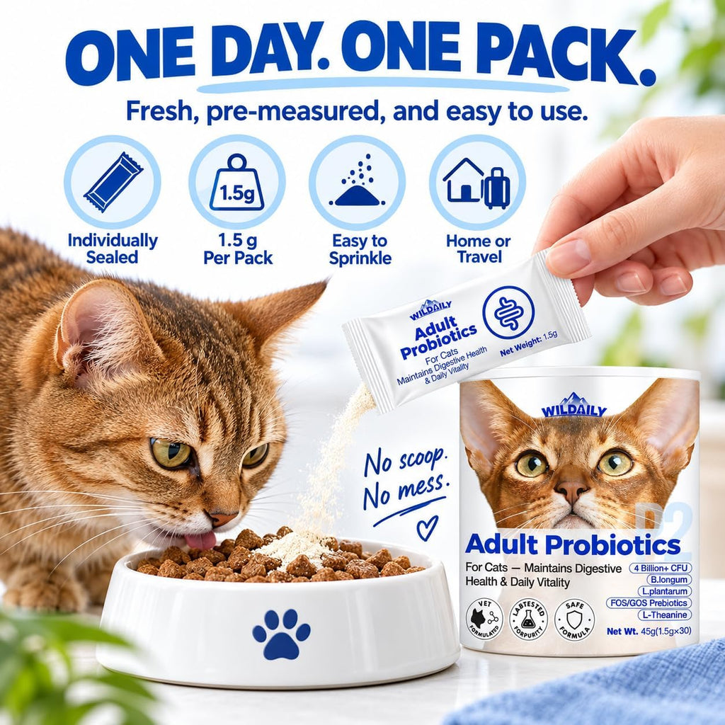 Probiotics for Cats with Prebiotics, 4 Billion CFU Digestive & Gut Health Support for Adult Cats, Probiotic Powder with B. longum + L. plantarum, FOS & GOS, 30 Daily Stick Packs