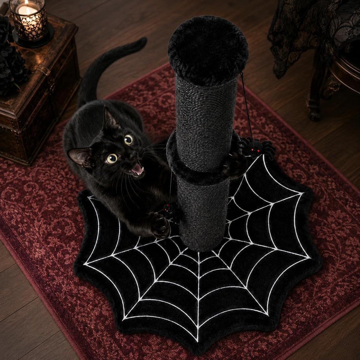 Gothic Cat Scratching Post with Spider Toys for Indoor Large Cats