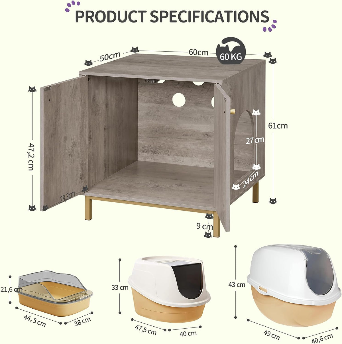 Hzuaneri Cat Litter Box Enclosure, Hidden Litter Box Furniture, Sisal Mat | Wooden Indoor Cat Cabinet, Modern Cat Washroom, Side End Table, for Living Room, Bedroom, Greige and Gold CB81205G