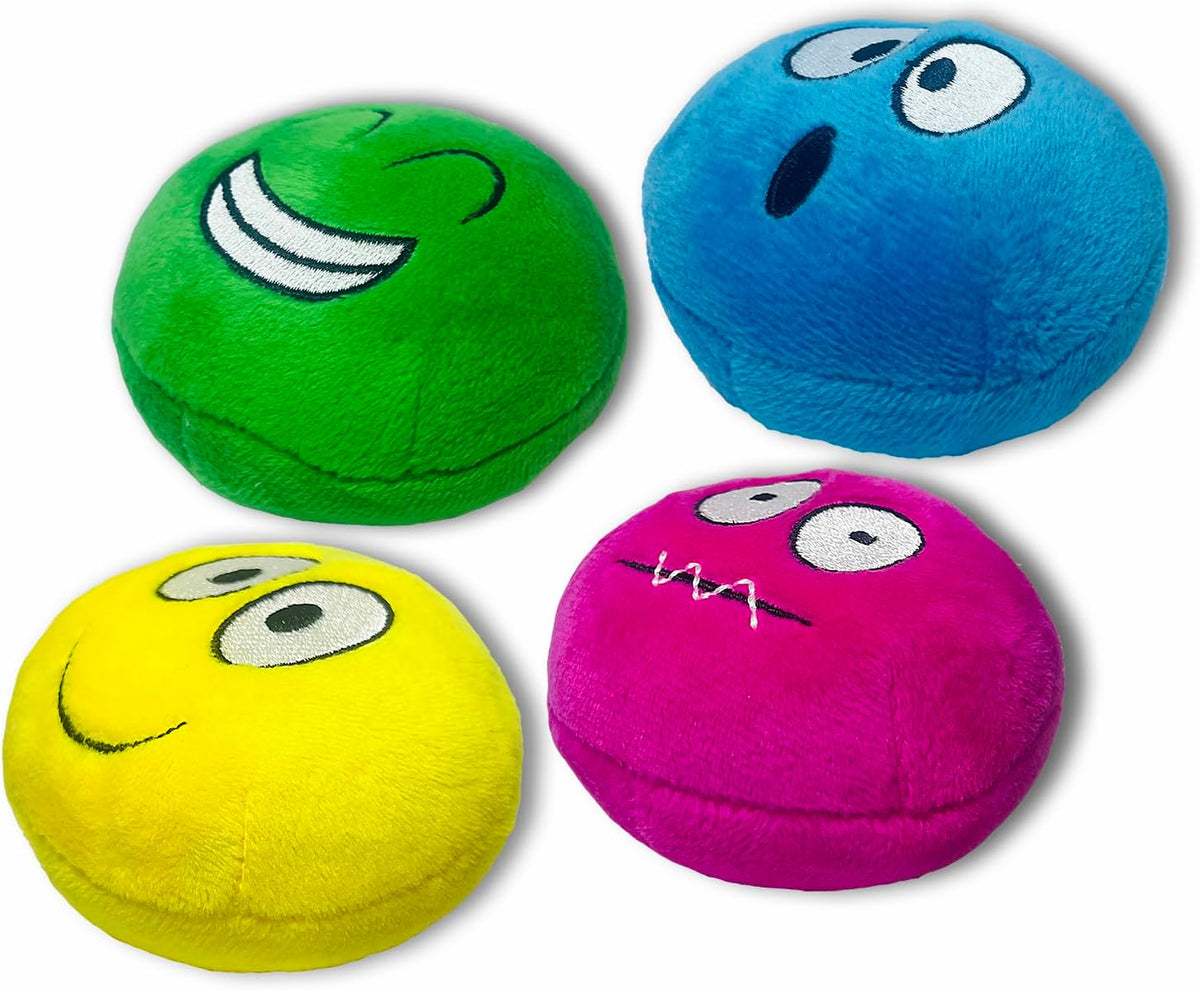 HOLYSTEED Plush Squeaky Dog Toys for Small, Medium Breeds, 2.9" Flat Balls | 3.0"x2.9"x2.3" Assorted Flat Balls 4pcs, Soft Puppy Squeak Toy Stuffed, Smile Face Pet Toy with Squeaker for Indoor, Outdoor