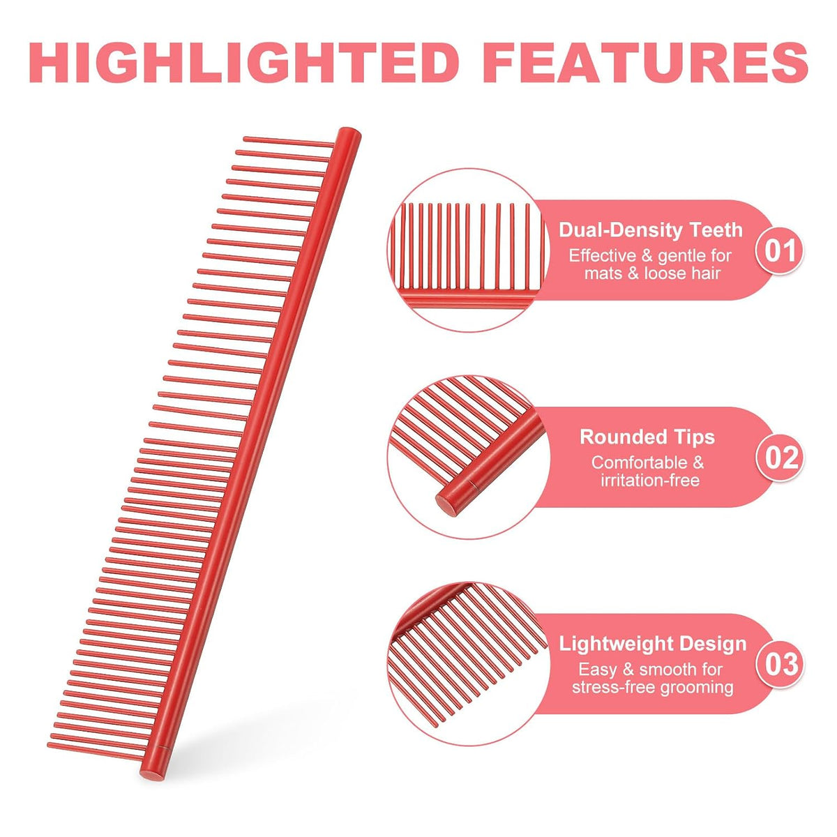 Dog Cat Comb, Pet Combs Stainless Steel Teeth with Rounded Ends for Knots Mats Loose Hair Removal, 6.5IN (Red Coated, 3 Pack), Grooming Tool Intended for Long Curly Hair Pet