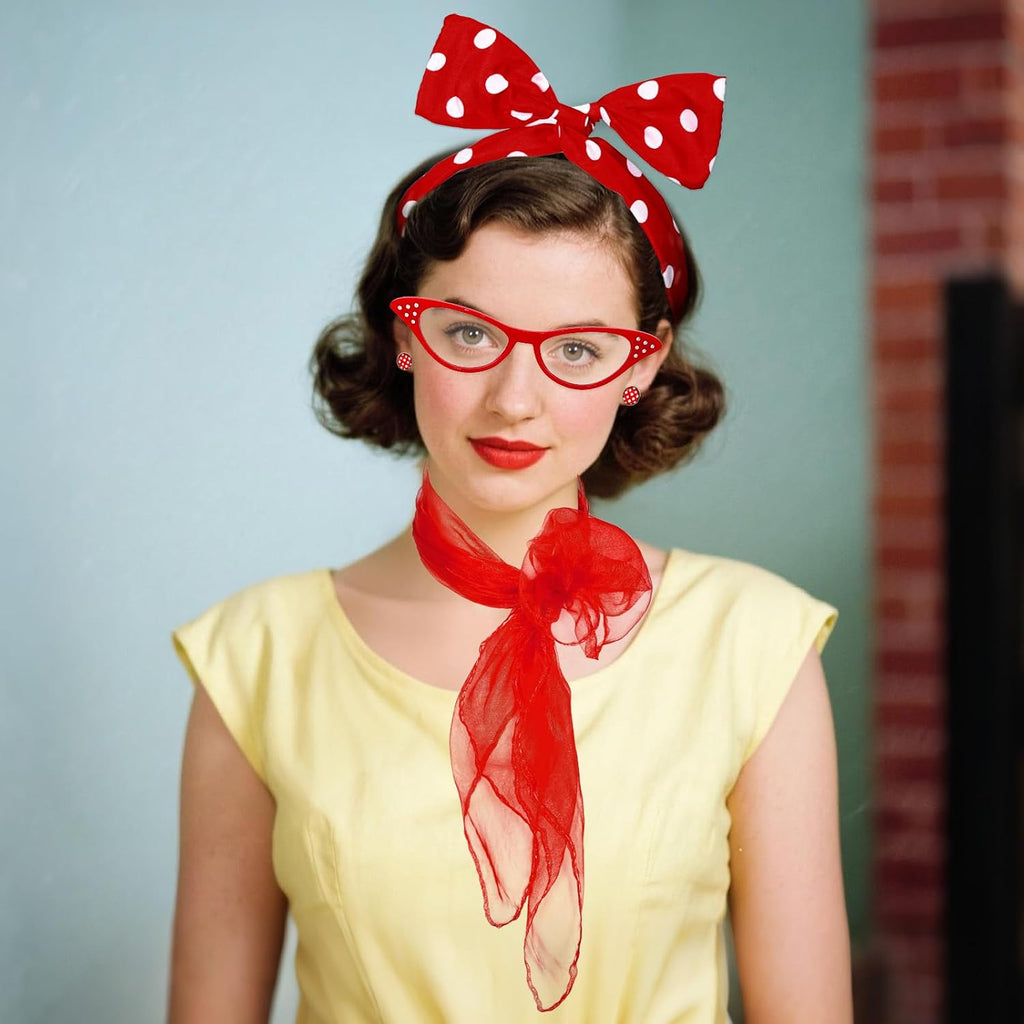 50s Set 50's Costume Accessories Chiffon Scarf Cat Eye Glasses Bandana Tie Headband Earrings for Cosplay Party