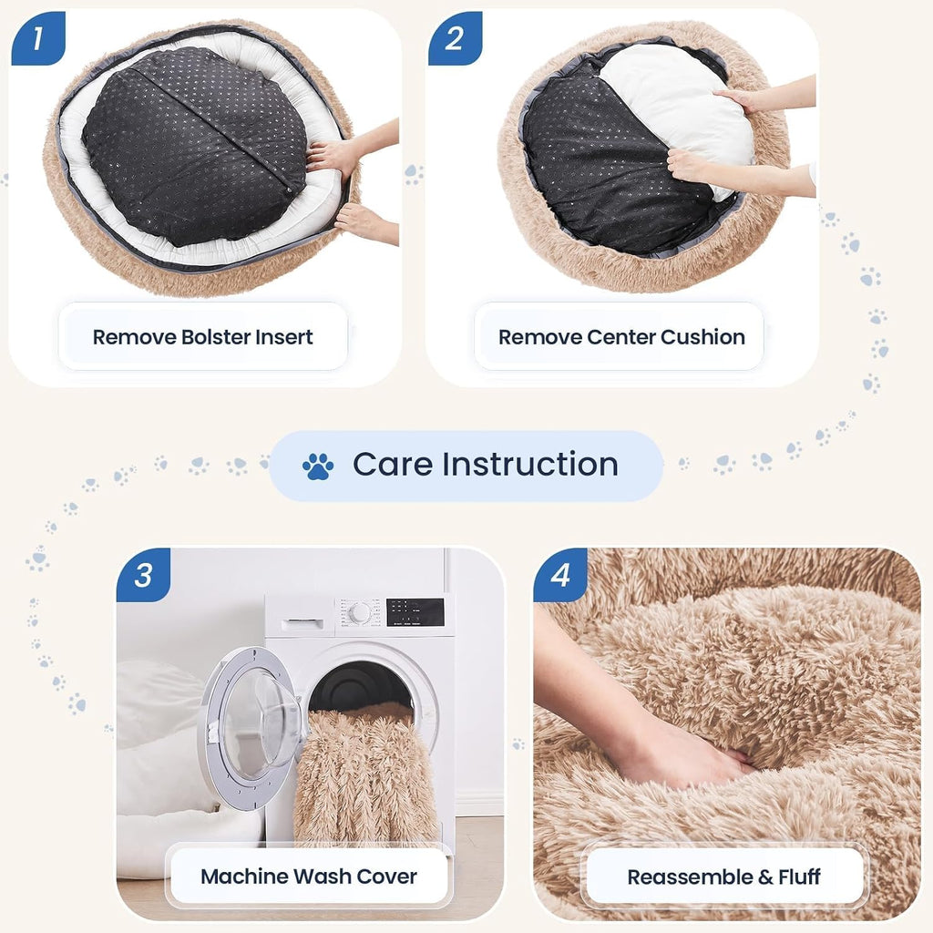 JOLLYVOGUE Calming Washable Dog Bed Medium Size Dog, 31 Inch Donut Medium Dog Bed with Removable Cover, Anti-Slip Round Fluffy Faux Fur Bed, Fits up to 45 lbs Pets, Camel