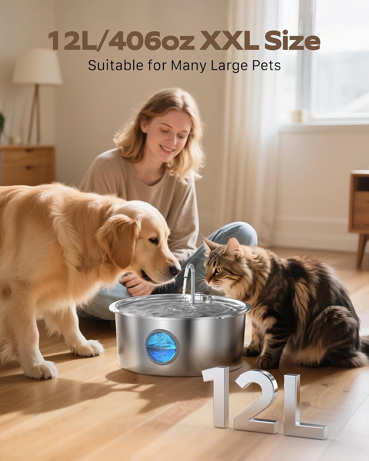 Pet Water Fountain for Large Dogs: Metal Dog Water Fountain - Silent Big Cat Fountains for Drinking - 3.2G/406oz/12L Water Fountain Dog Bowl Inside - GROOKPET Fountains with 6 Filters + 3 Sponges