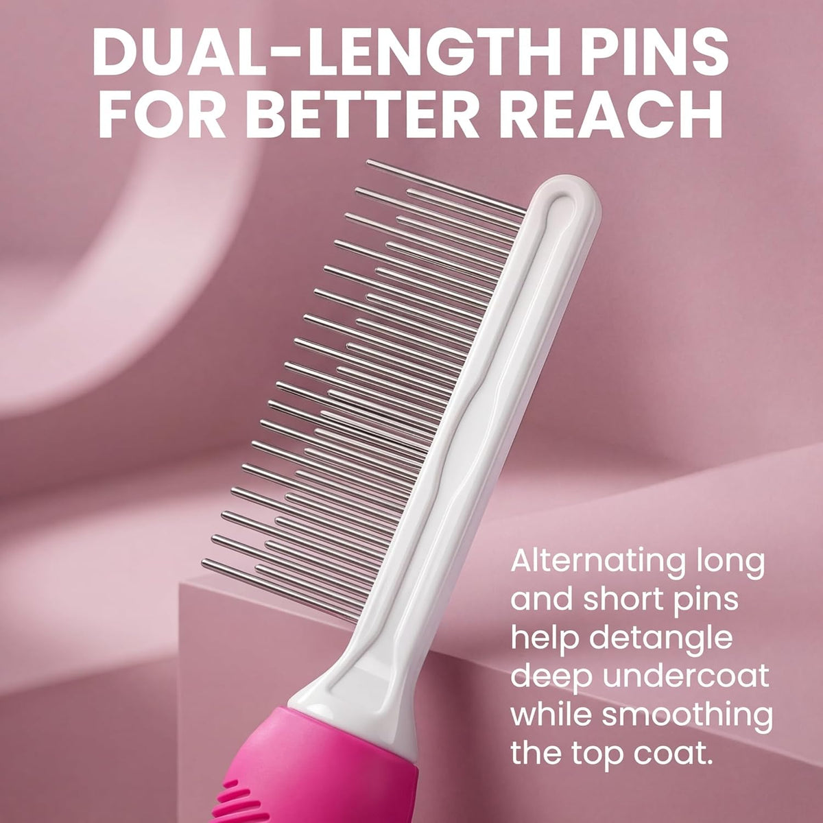Poodle Pet Detangling Pet Comb with Long & Short Stainless Steel Teeth for Removing Matted Fur, Knots & Tangles – Detangler Tool Accessories for Safe & Gentle DIY Dog & Cat Grooming (Pink)