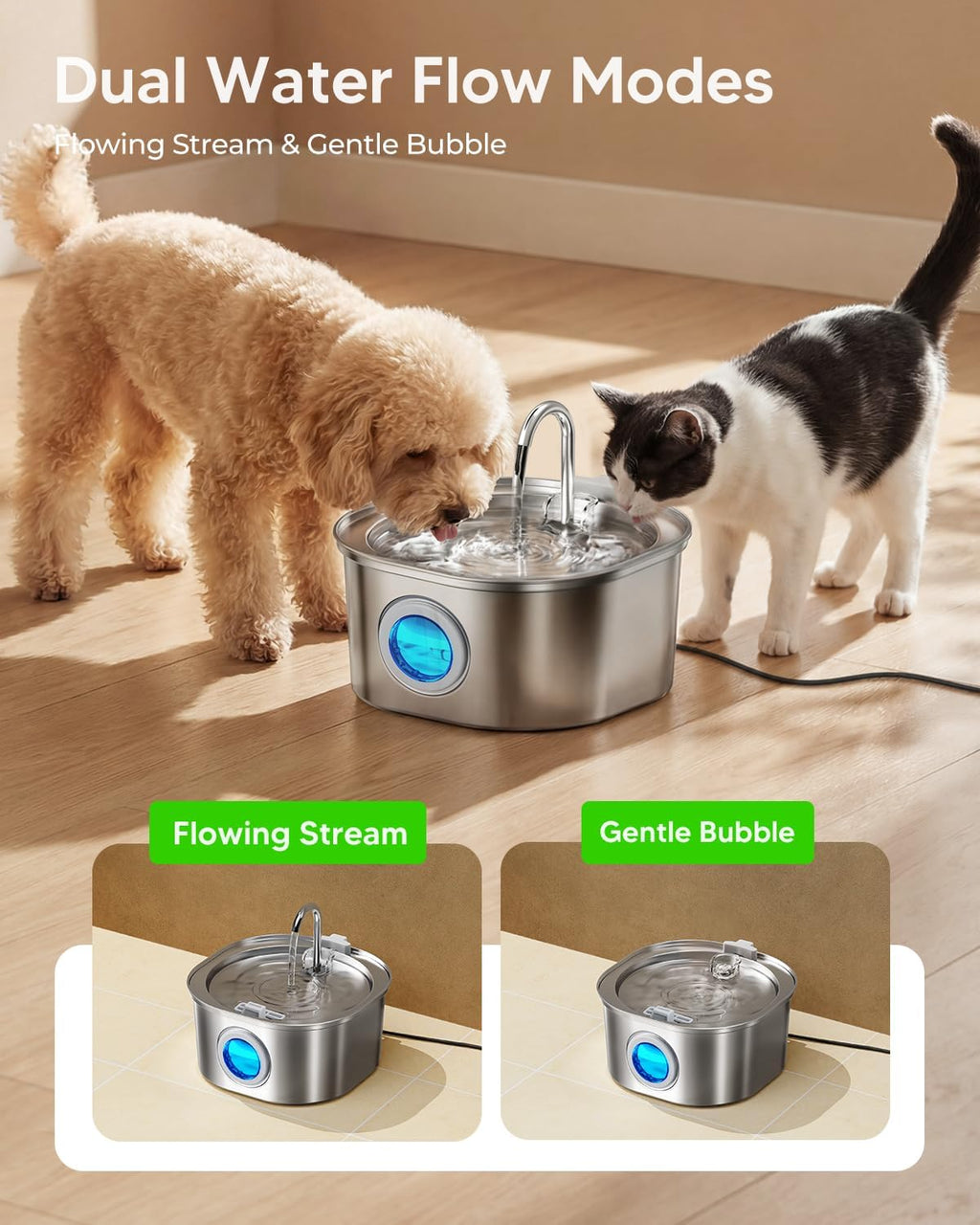 PEKTACO Stainless Steel Cat Water Fountain, 3.2L/108oz with 3 Filters
