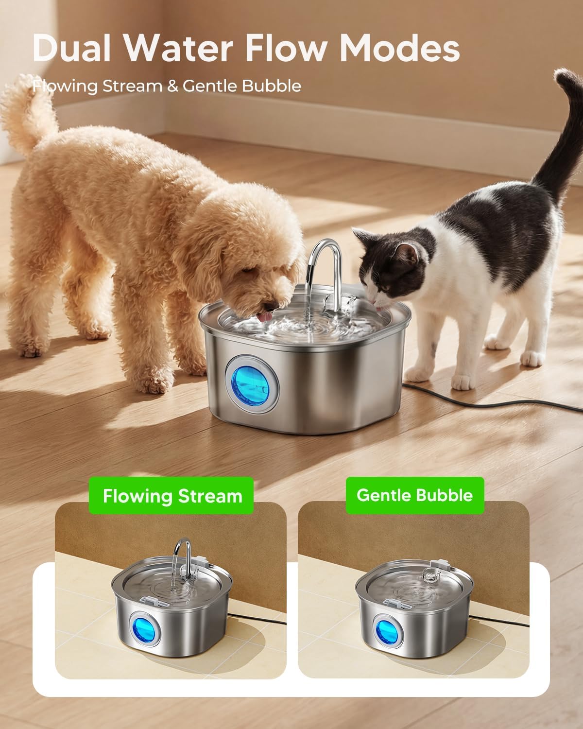 PEKTACO Stainless Steel Cat Water Fountain, 3.2L/108oz with 3 Filters