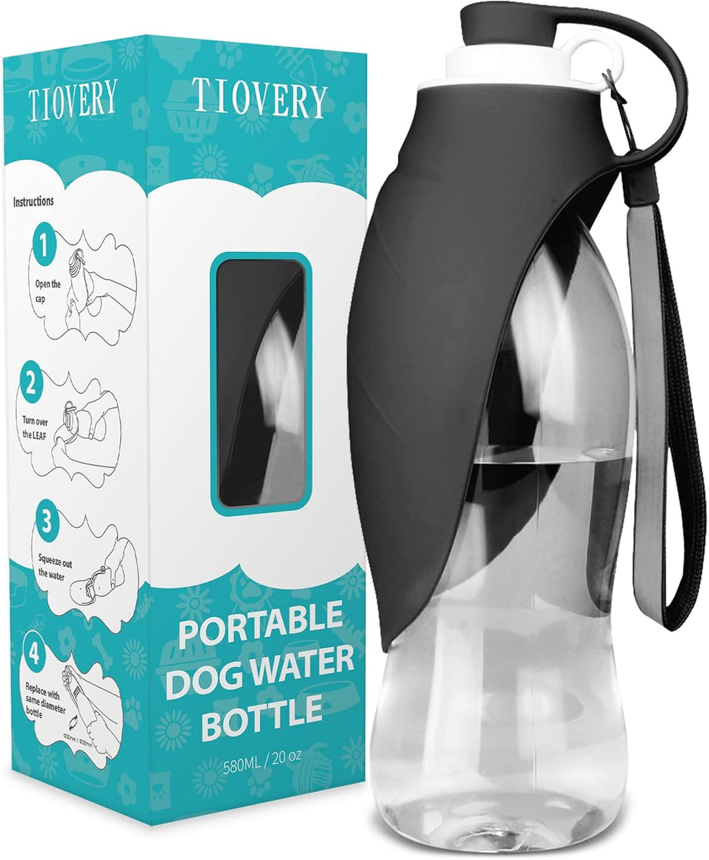TIOVERY Dog Water Bottle, Portable Pet Water Dispenser Feeder Leak Proof with Drinking Cup Dish Bowl for Outdoor Walking, Hiking, Travel, 20OZ Water Bottle Fit for Small to Large Dogs and Cats Black 