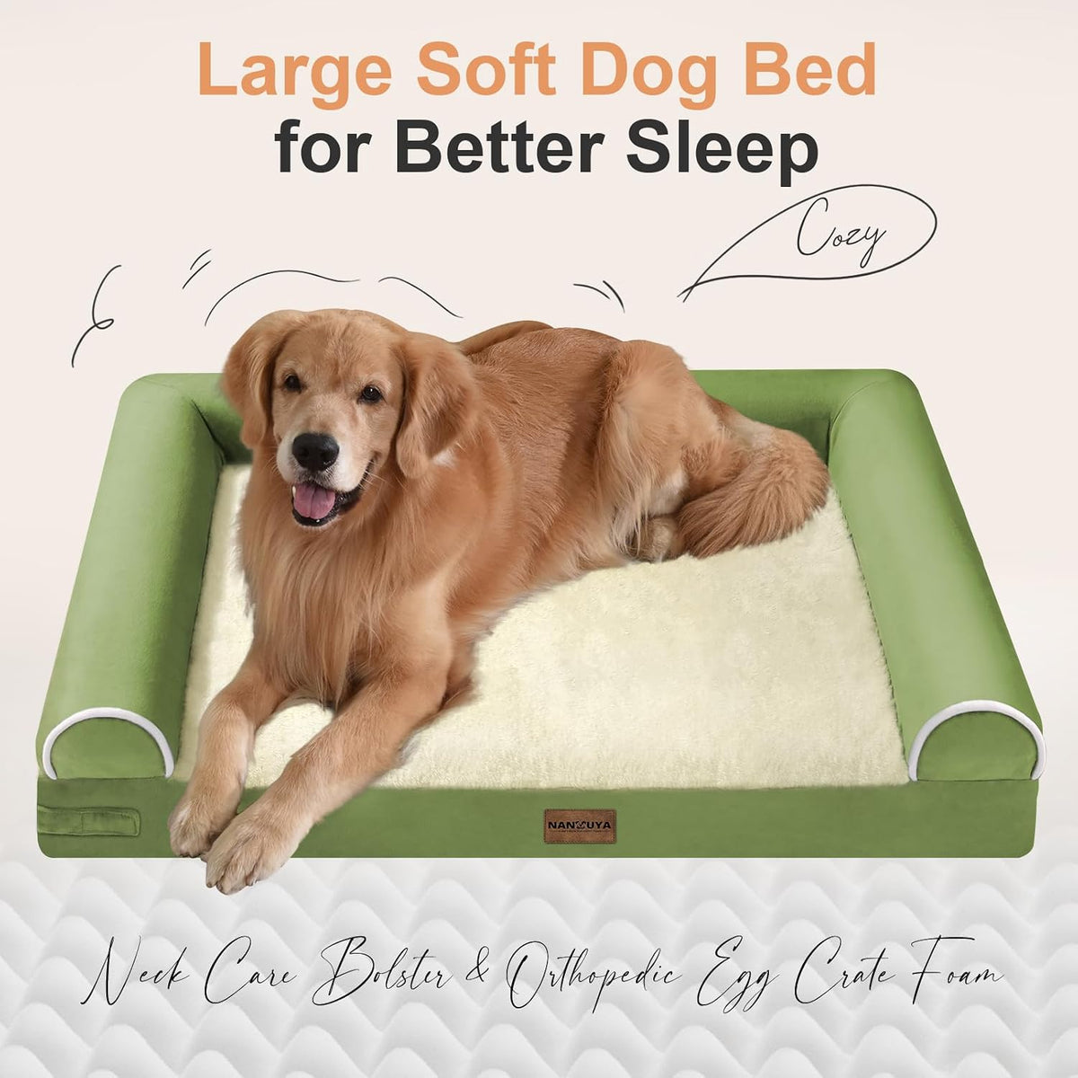 NANUYA Orthopedic Dog Bed for Jumbo Dogs, 53 x 42 Inch, Grass Green