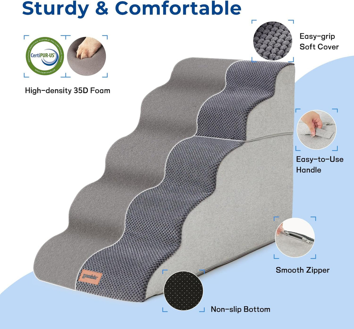 ZOMISIA Dog Stairs Ramp for High Beds Up to 25", 5 Step Pet Stairs Grey
