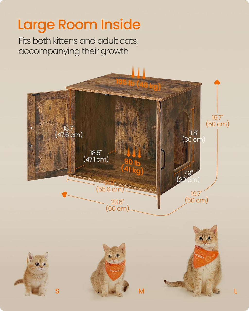 Feandrea Cat Litter Box Enclosure, Indoor Pet House End Table | Hidden Litter Box Furniture, 23.6 x 19.7 x 19.7 Inches, Rustic Brown, HAINS Collection UPCL042L101