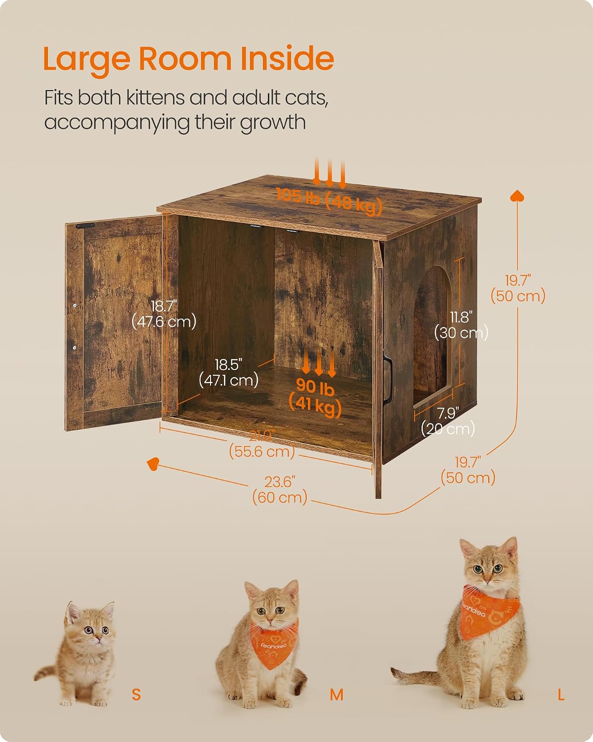 Feandrea Cat Litter Box Enclosure, Indoor Pet House End Table | Hidden Litter Box Furniture, 23.6 x 19.7 x 19.7 Inches, Rustic Brown, HAINS Collection UPCL042L101