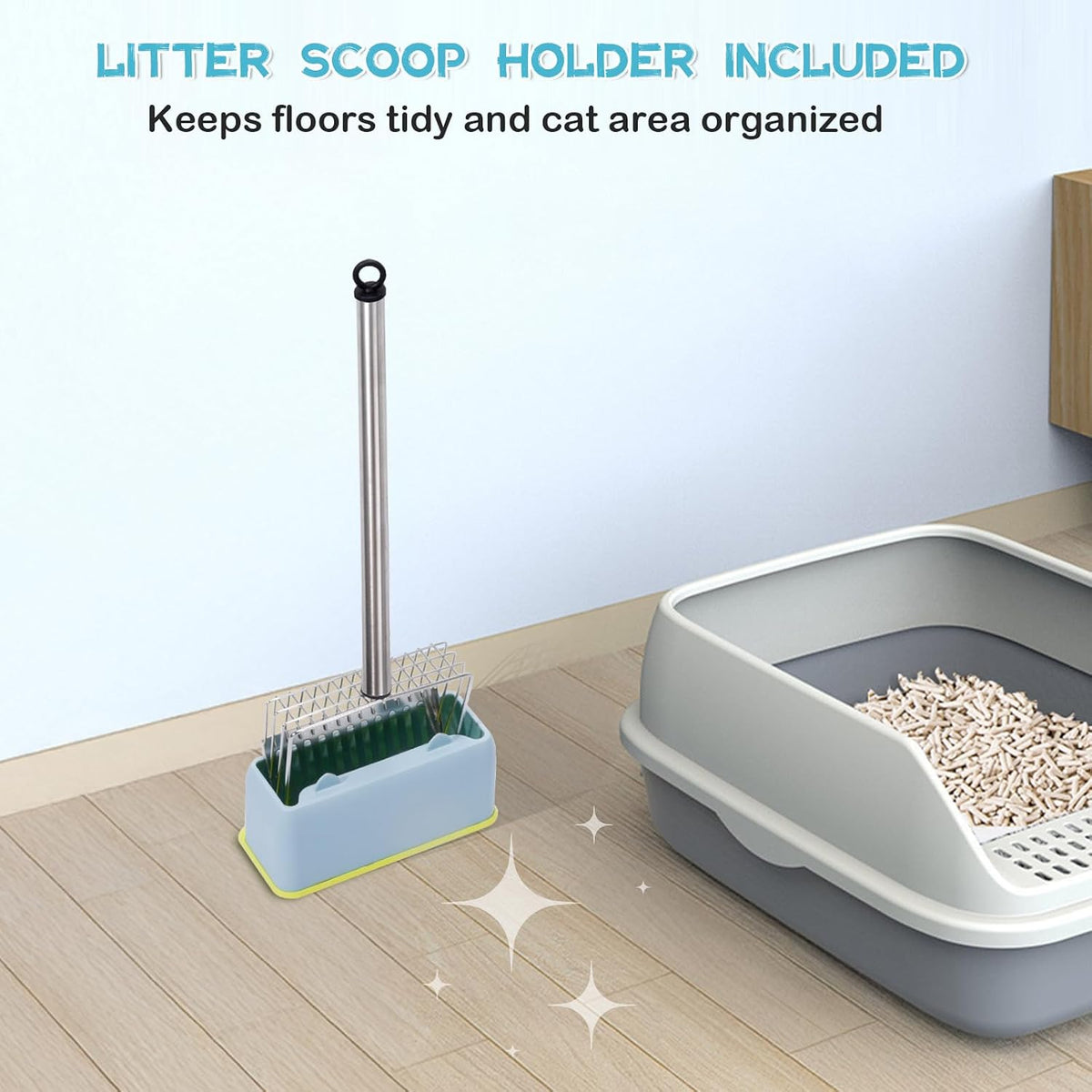 PETOCAT Metal Cat Litter Scoop with Holder Stainless Steel Kitten Poop Scooper, 17.5" Heavy Duty Pet Poop Sifter for Cat Box, Long Handle Large Waste Shovel, Fast Sifting Big Clumps, Solid & Durable