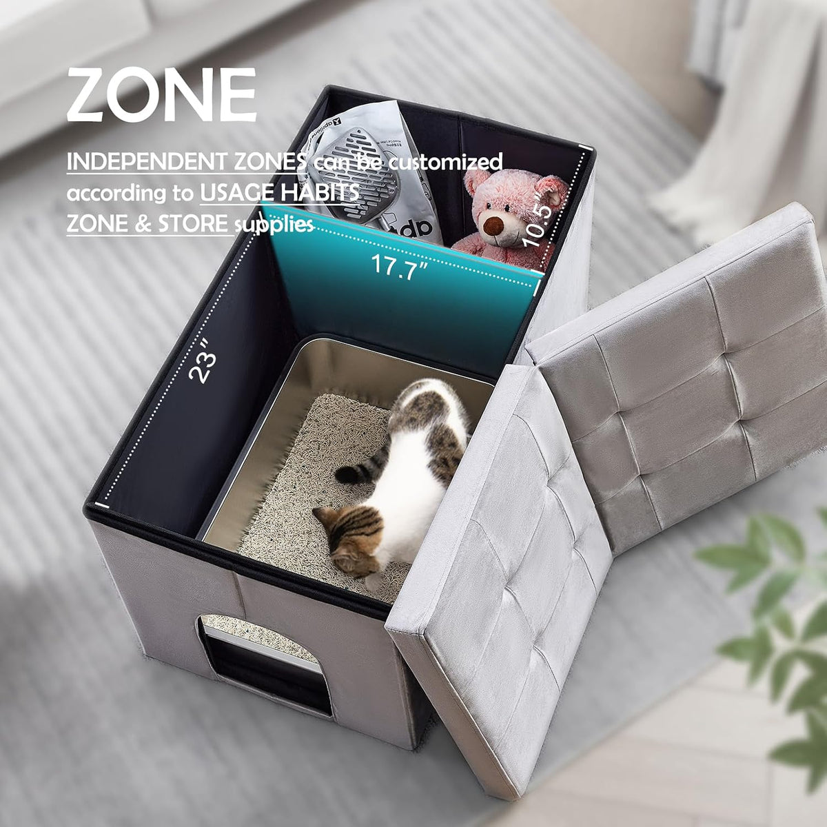 MEEXPAWS Cat Litter Box Enclosure Furniture XXL Velvet Lift Design Lid | Extra Large Hidden Cat Washroom Bench Ottoman, Storage Cabinet Dog Proof, Urine Proof, Easy Clean, Quick Assembly, Grey