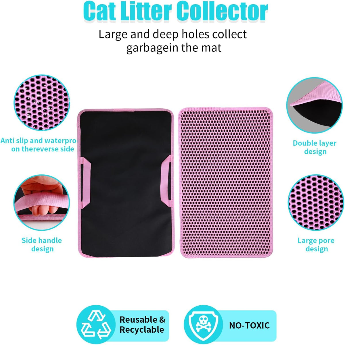 Cat Litter Mat 23"x14.5", Double Layer Waterproof Litterbox Mat, Pink | Non-slip backing, washable for easy cleanup, traps stray litter with waterproof honeycomb large grid that is urine-proof.