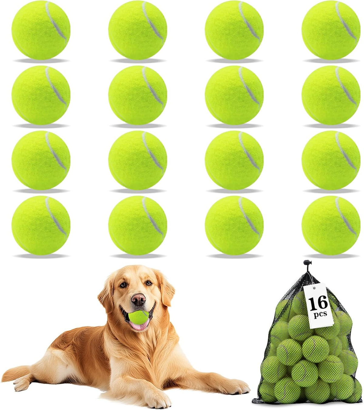 Magicorange Tennis Balls for Dogs,Colorful Easy Catching Dog Balls,16 Pack | Bright Yellow Pet Balls for Dogs,Easy to Spot,Natural Rubber and Soft Felt Gentle on Teeth,Indoor Outdoor Play,with Mesh Bag