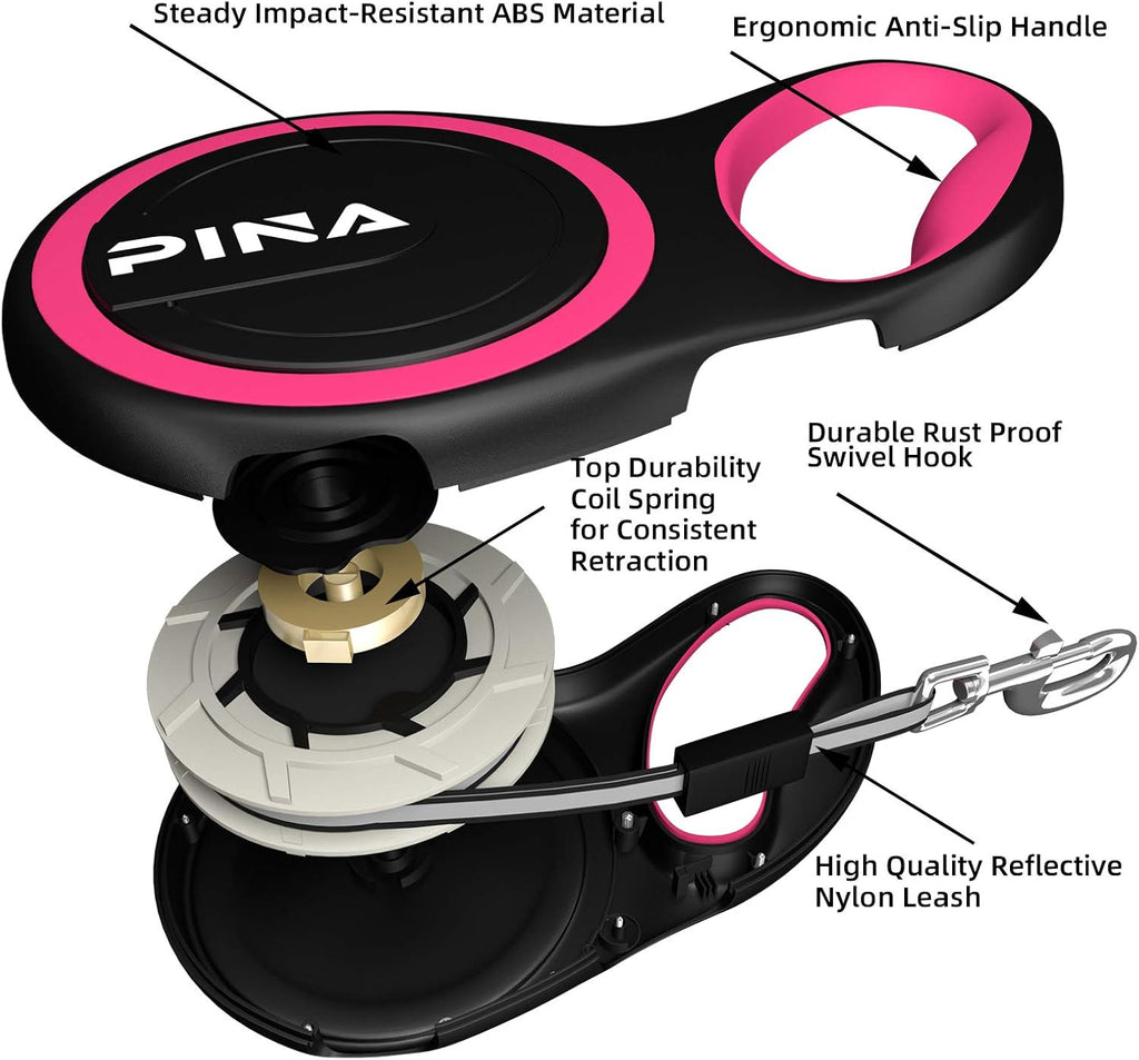PINA Retractable Dog Leash, 10ft Dog Leash for Small Dogs Up to 33lbs, 360° Tangle-Free Strong Reflective Nylon Tape, with Anti-Slip Handle, One-Handed Brake, Lock - Black Pink
