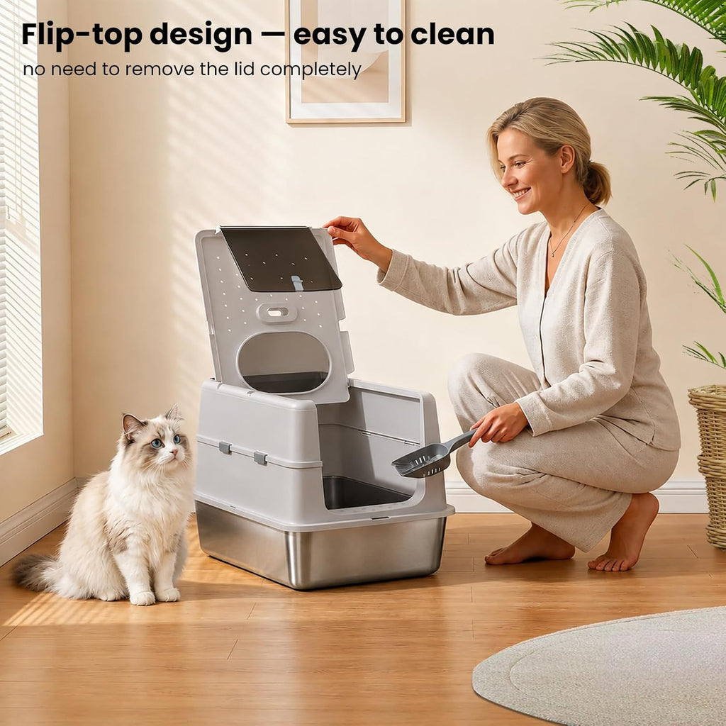 Stainless Steel XXL Cat Litter Box with 120° Lid, Enclosed Top Entry High-Sided Anti-Leak Cat Box, Dog Proof Litter Box for Multiple Cats, Includes Litter Step & Scoop