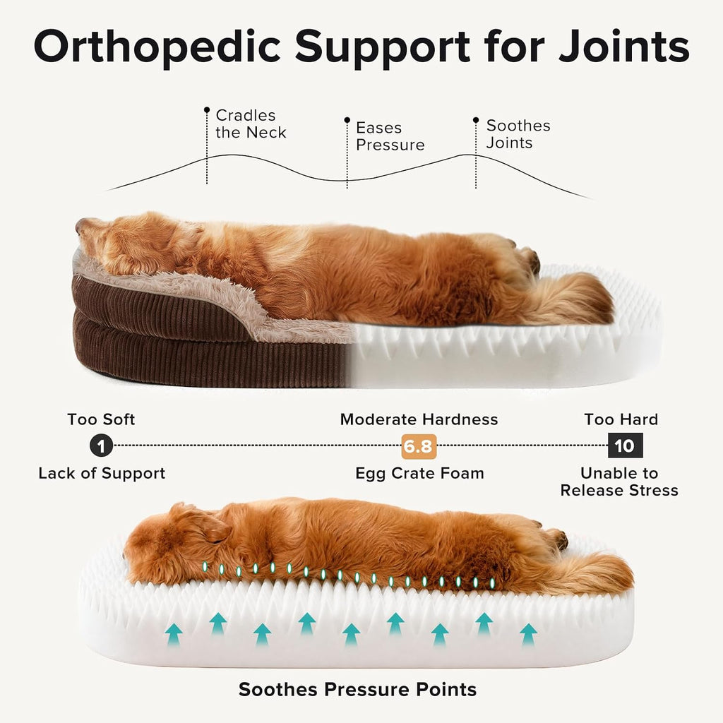 INVENHO Fluffy Orthopedic Dog Beds Large Sized Dog, Jumbo Egg-Crate Foam Bolster Sofa Bed with Washable Removable Waterproof Cover, Fluffy Plush Faux Fur Dog Bed with Non-Skid Bottom