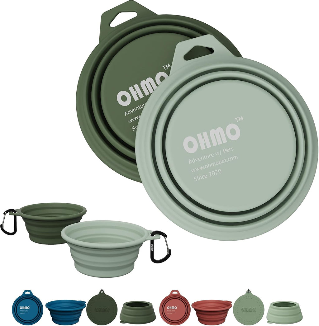 OHMO Collapsible Dog Bowls for Pet Travel, 12oz, 2pcs, Camo&Sage Green | Portable Water Bowl, Cat-Friendly, BPA-Free Silicone, Foldable Storage, Lightweight Carry, Hiking&Camping Gear, Easy-Clean