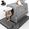 Stainless Steel Litter Box with Lid XL Extra Large Litter Box Enclosed Top Entry Metal Litterbox for Big Cats Easy Cleaning Anti-Leakage & High Sided with Mat Aisle & Scoop, Dark Grey