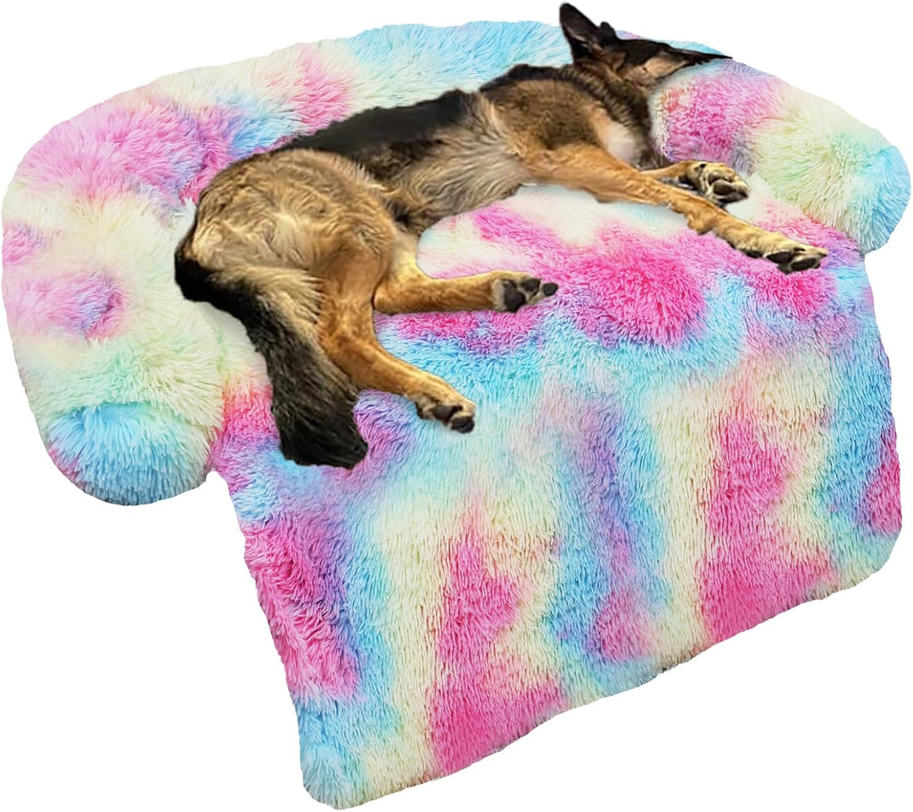 GGIB Calming Dog Bed Fluffy Plush Dog Mat for Furniture Protector with Removable Washable Cover for Large Medium Small Dogs and Cats (Large, Rainbow)