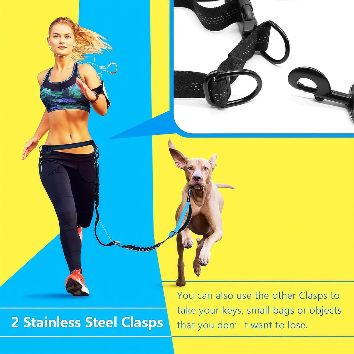 Uppetly Hands Free Dog Running Leash with Adjustable Waist Belt, Dual Handle Elastic Bungees Retractable Rope for Small and Medium Dogs, Reflective Stitches for Walking Hiking Biking (Medium, 8-25lb)