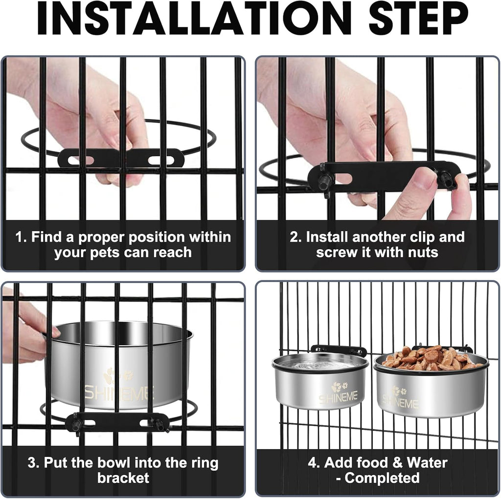 Kennel Bowls Mountable in Crate Kennel Cage (6.2x2.6” & 5.5x2.4”) | 34oz & 25oz Stainless Steel Dogs Bowls, Dog Food and Water Bowl for Dog Crate, 2 Pack, Silver