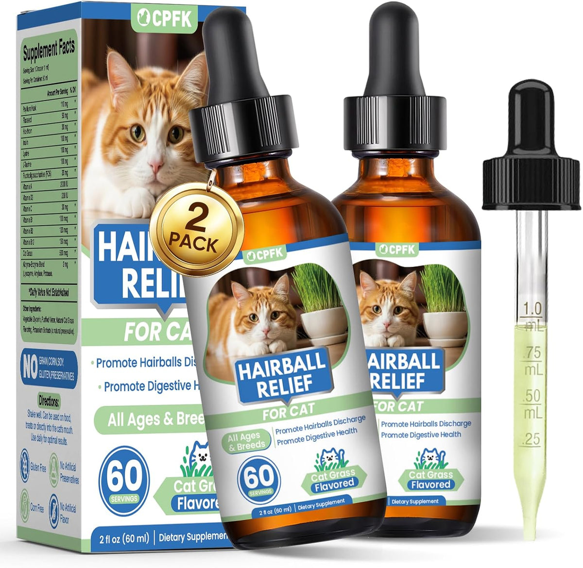 Cat Hairball Remedy Drops 60ml (2 fl oz) 2 Pack for All Breeds & Ages
