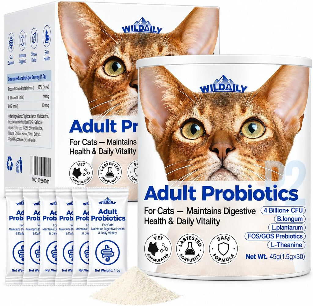 Probiotics for Cats with Prebiotics, 4 Billion CFU Digestive & Gut Health Support for Adult Cats, Probiotic Powder with B. longum + L. plantarum, FOS & GOS, 30 Daily Stick Packs