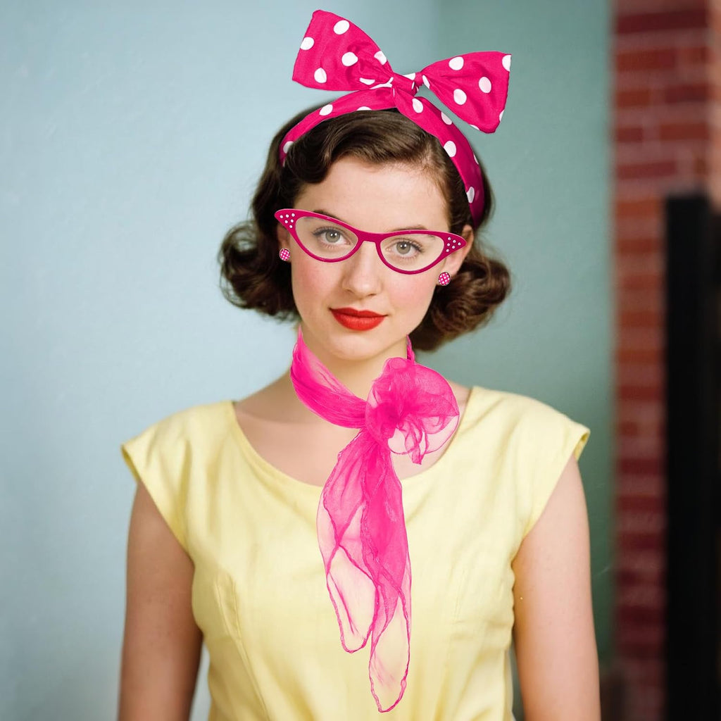 50s Set 50's Costume Accessories Chiffon Scarf Cat Eye Glasses Bandana Tie Headband Earrings for Cosplay Party