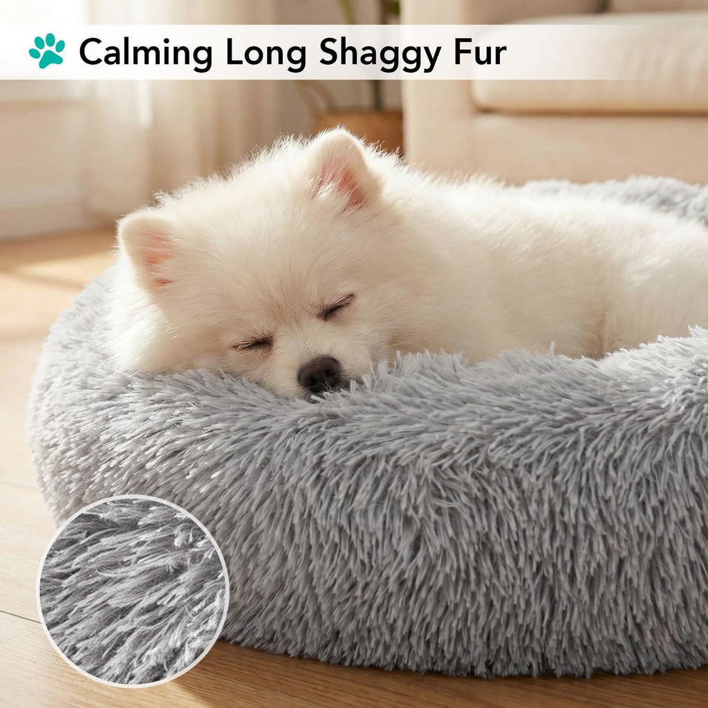 PetAmi Calming Donut Dog Bed, Washable Faux Fur, 23 Inch Small, Light Grey