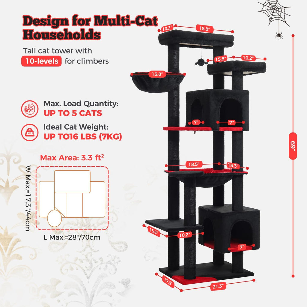 69" Gothic Cat Tree for Indoor Cats Large Adult, Multi-Level Cat Tower