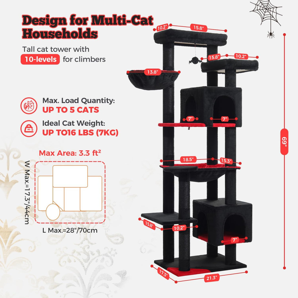 69" Gothic Cat Tree for Indoor Cats Large Adult, Multi-Level Cat Tower