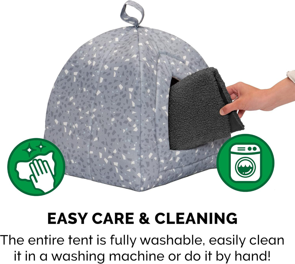 Furhaven Cat Bed Cave for Indoor Cats & Small Dogs, Washable & Foldable w/ Removable Cushion - Polycanvas Print Pet Tent - Gray Terazzo, Small