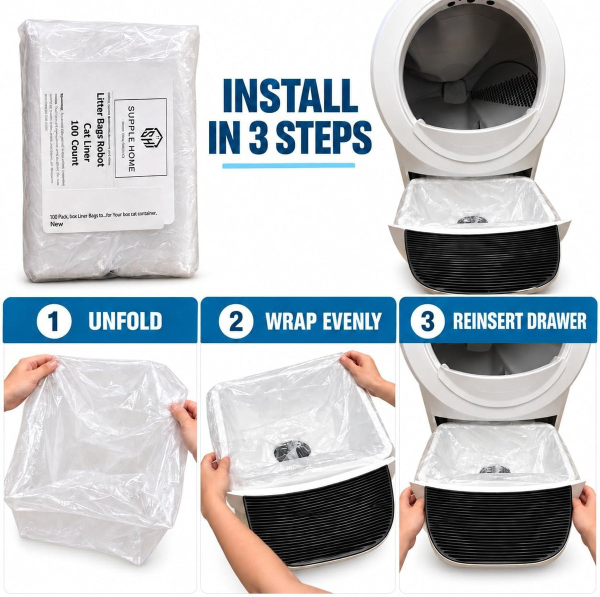 100-Pack Waste Drawer Liners for Litter-Box-Robot 4 & 3 12 Micron Extra-Thick HDPE, Custom Fit to Prevent Sensor Errors Heavy-Duty Leak-Proof, Compatible with Automatic Litter Boxes