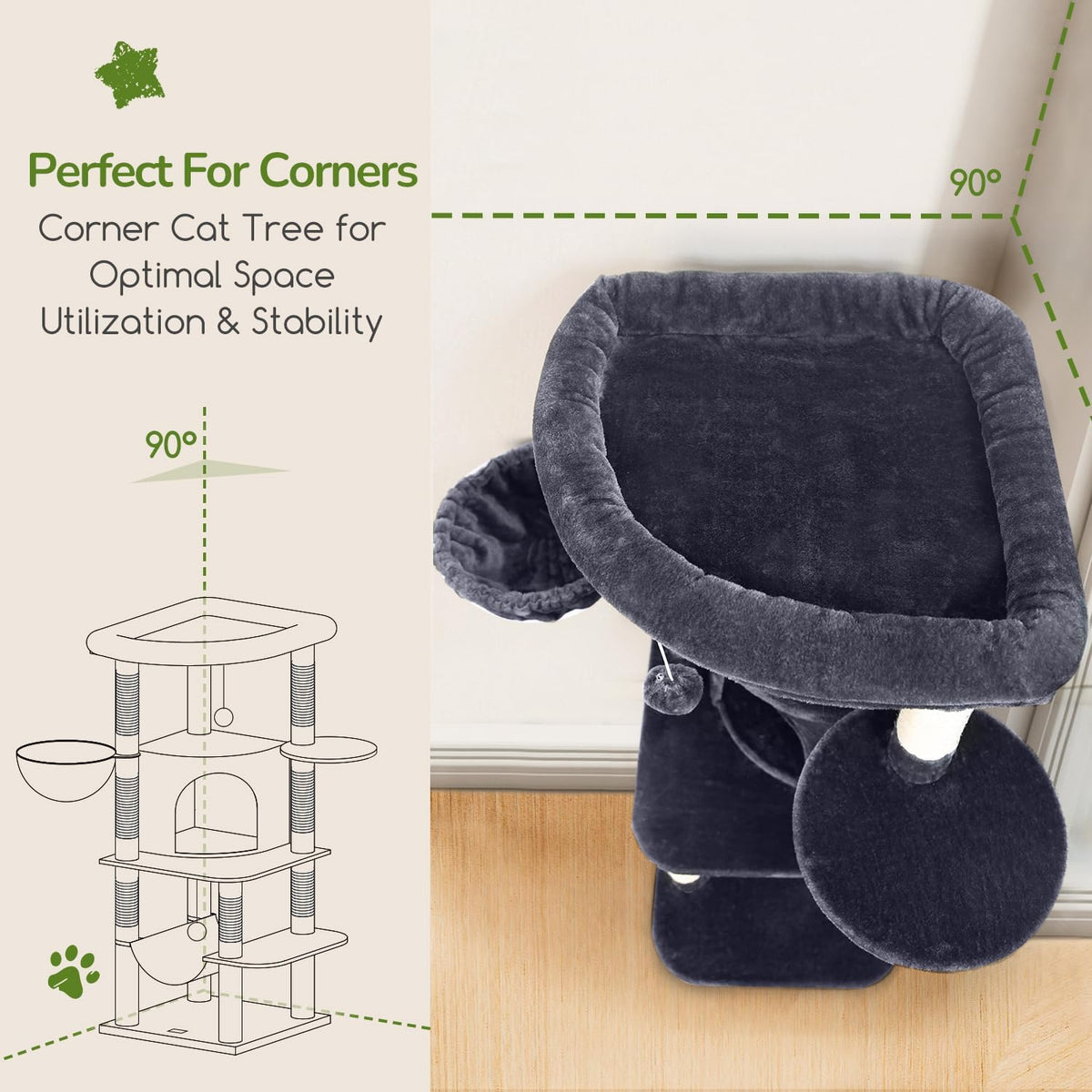 Globlazer Corner Cat Tree Tower with Scratching Post, C51, Dark Grey