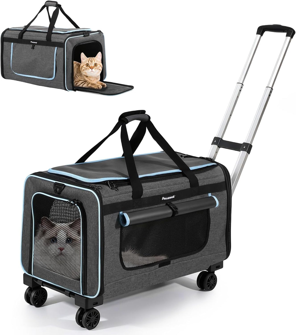 Large Pet Carrier with Wheels, Foldable Rolling Cat Carrier with Telescopic Handle, 4-Sided Mesh, Collapsible Rolling Travel Carrier for Dogs & Cats for Visits, Camping(Not for Airline)