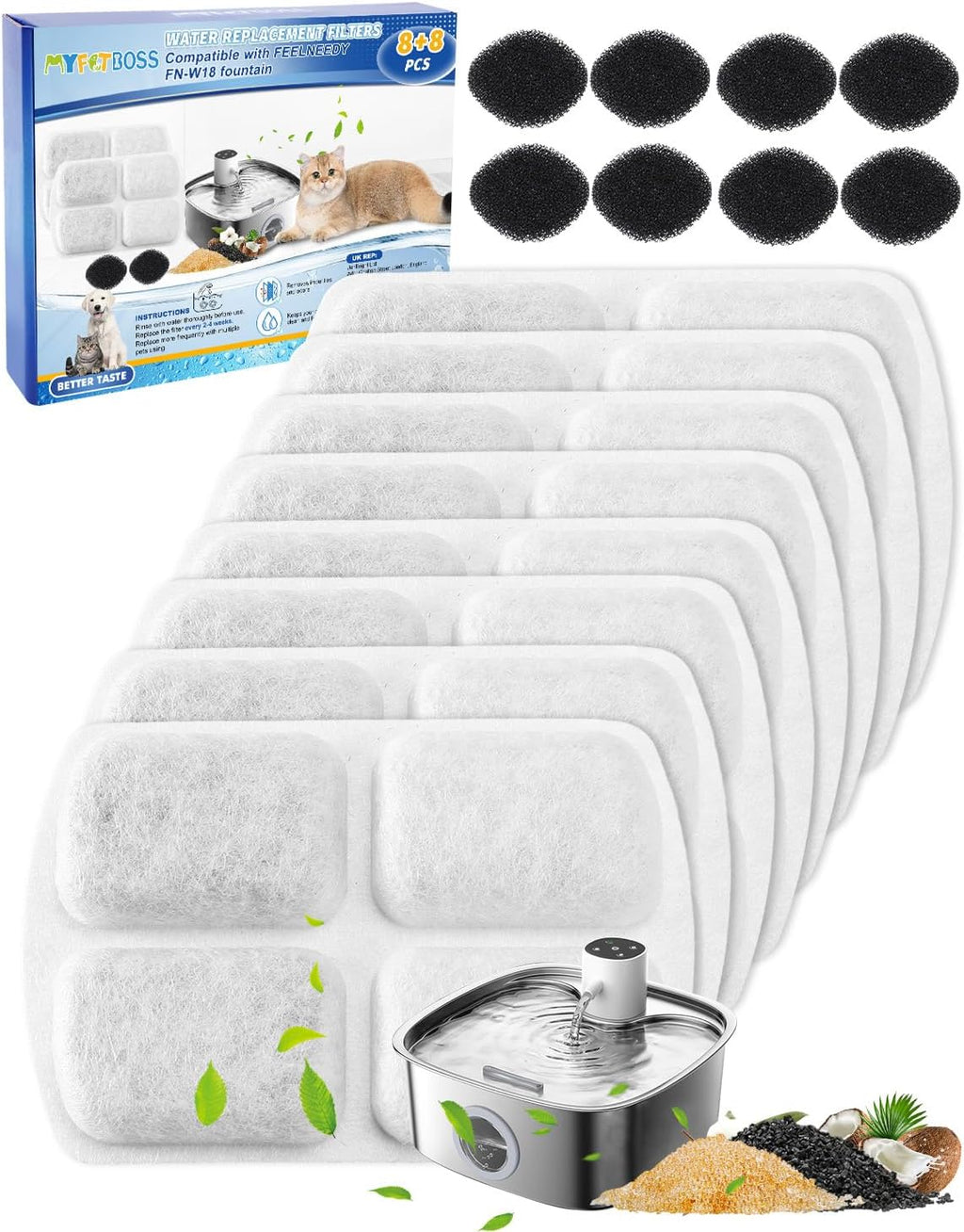 8+8Pcs Dog Water Filter Compatible with FEELNEEDY FN-W18 Fountain