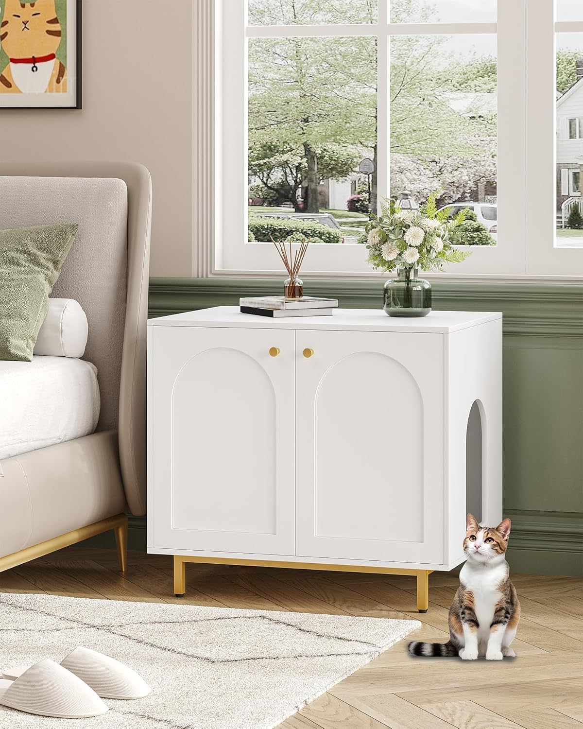 Hzuaneri Cat Litter Box Enclosure, Hidden Litter Box Furniture, Sisal Mat | Wooden Indoor Cat Cabinet, Modern Cat Washroom, Side End Table, for Living Room, Bedroom, White and Gold CB85003G