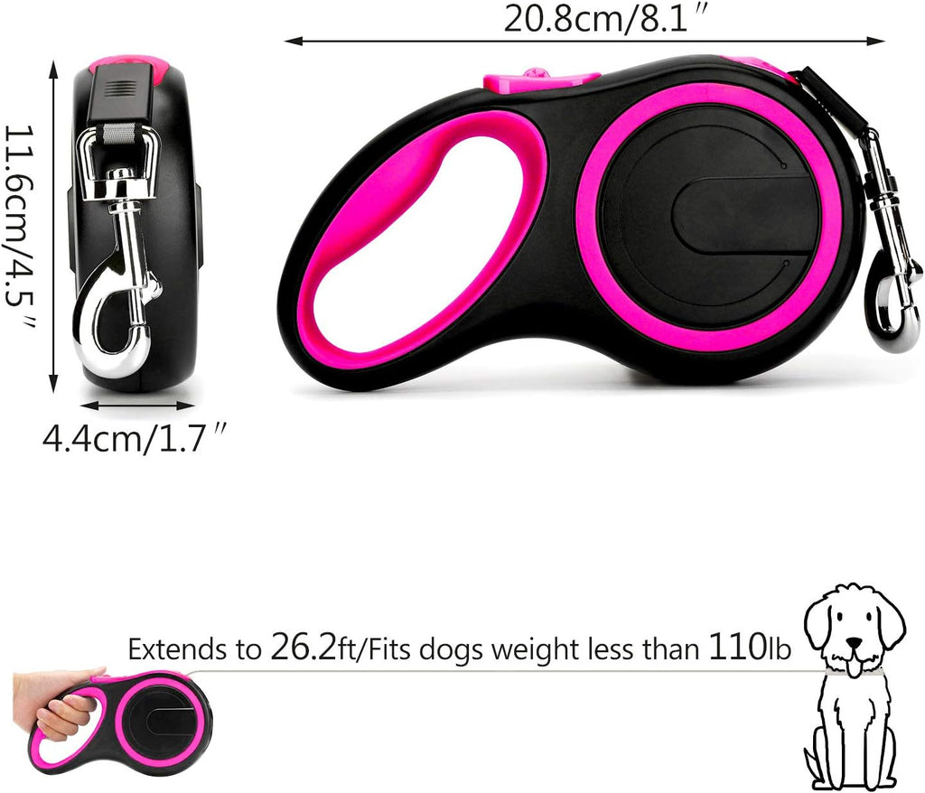 Segarty 26ft Dog Leash Retractable, 8m Dog Leads Long for Medium Large Breed Pets 44-110Lbs, No Tangle Nylon Tape and 1 Button Break & Lock Heavy Duty Leash for Training Running, Pink