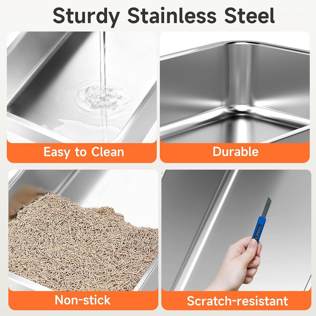 Stainless Steel Cat Litter Box Low Entry Litter Pan Include Scoop | Odor Free Metal High Sides Lid Open Top Easy Cleaning Anti-Scratc Anti-Urine Leakage Non-Sticky