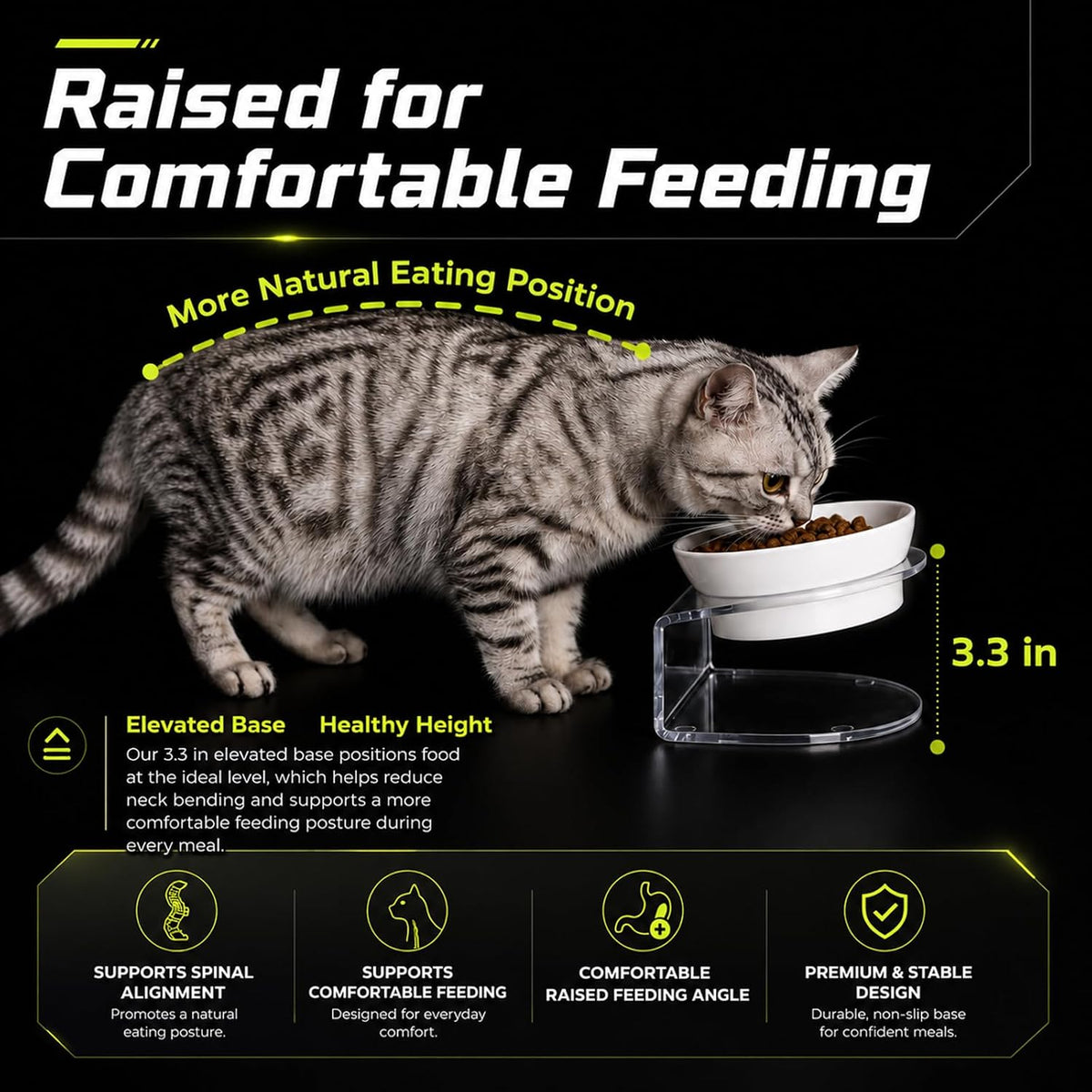 LivLab Mker Raised Cat Bowl, 15° Tilted, 4.5 in High, White | 15° tilted shallow melamine bowl on a 4.5 in raised stand supports comfortable feeding and reduces whisker contact.