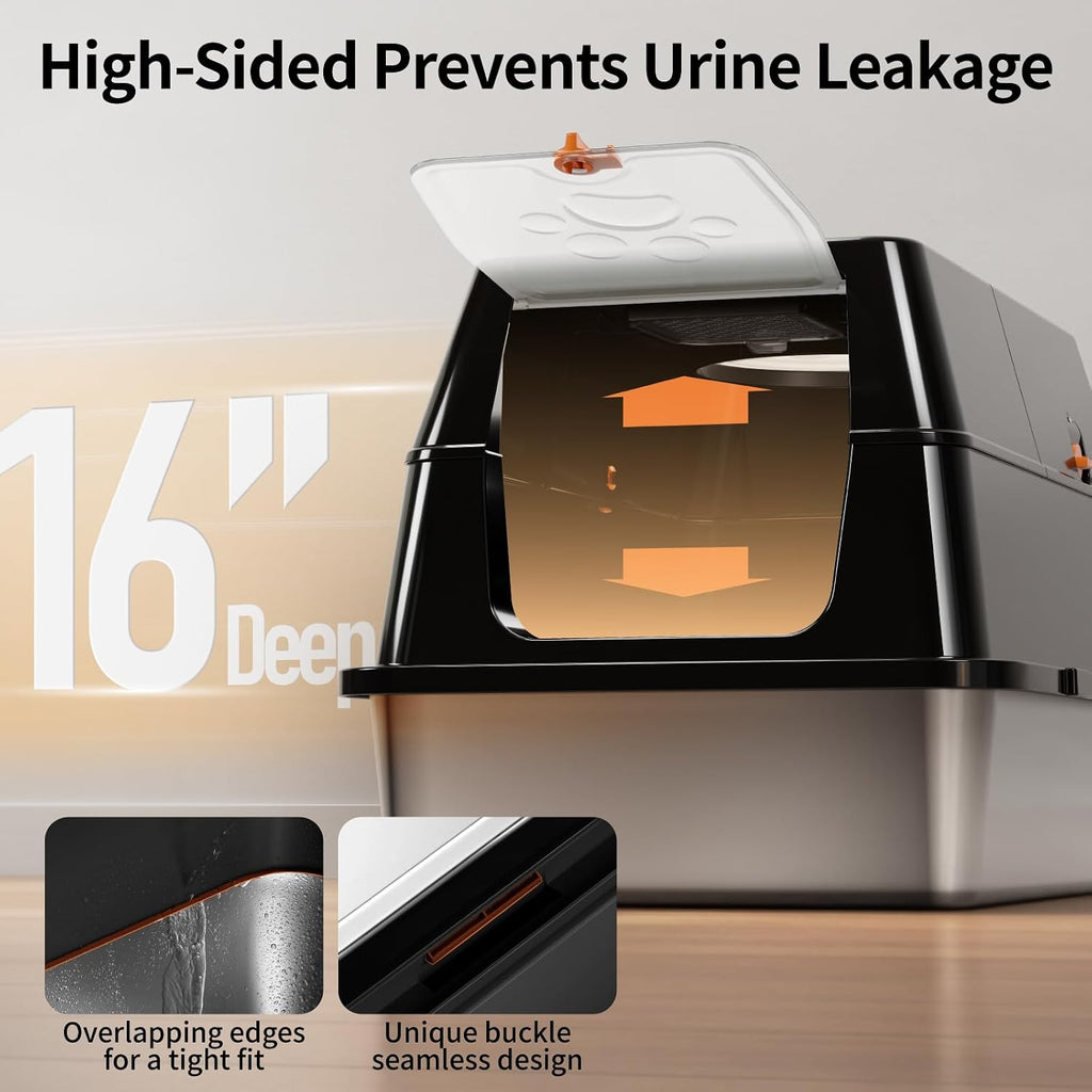 Stainless Steel Cat Litter Box with Lid, Flip-Top XL Large, Black