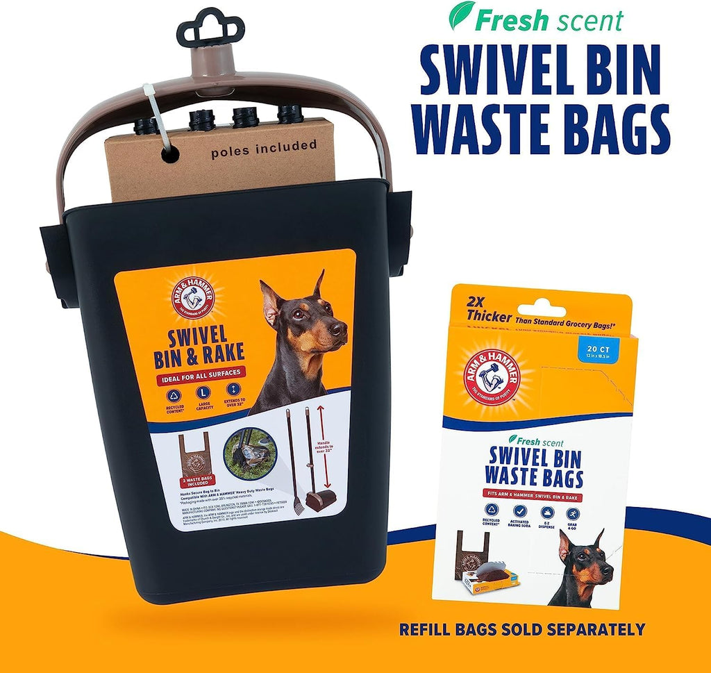 Arm & Hammer Swivel Bin & Rake Dog Pooper Scooper, Includes 2 Waste Bags | Includes 2 Heavy Duty Scented Waste Bags for Easy, No Touch Disposal