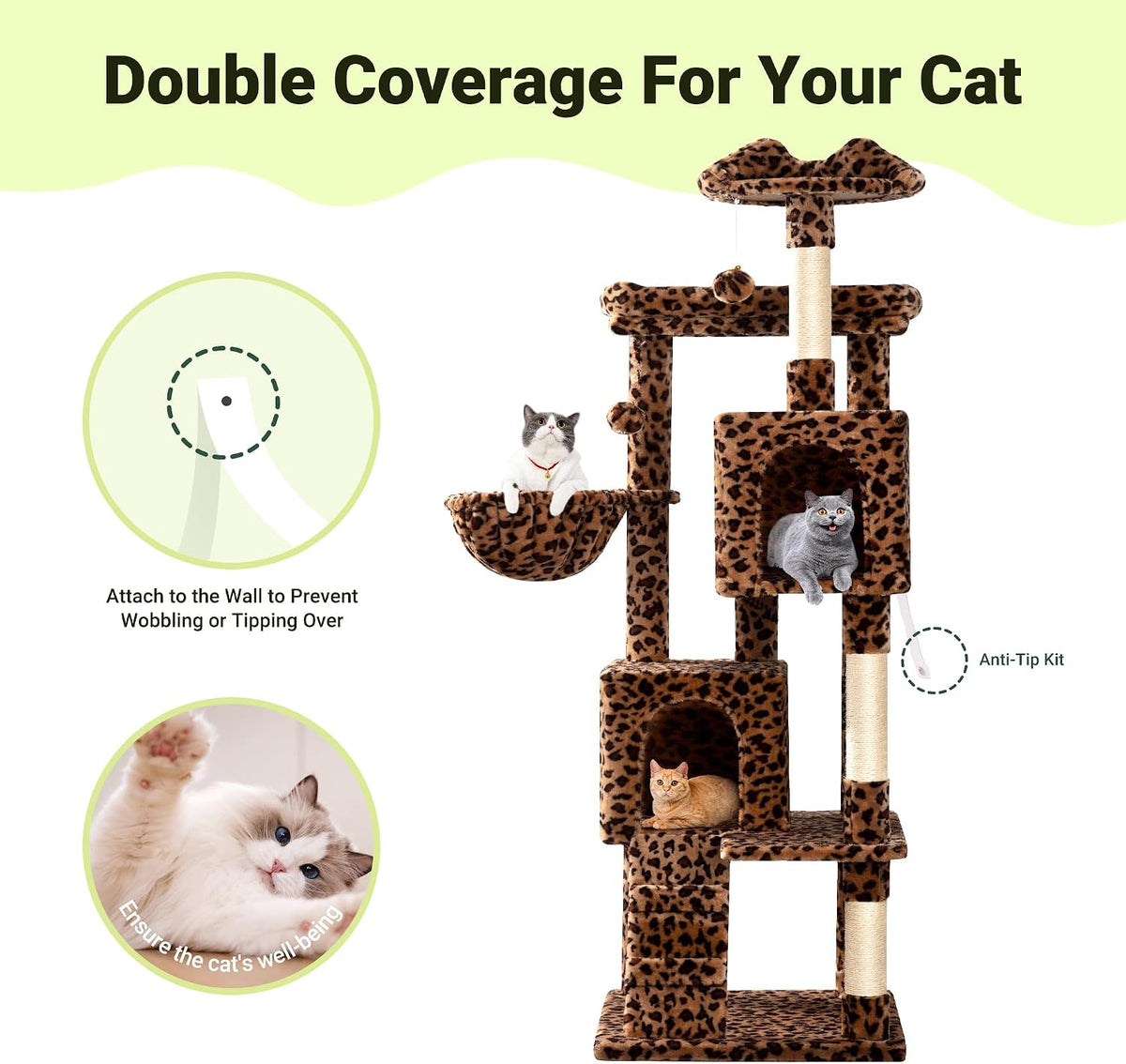 Allewie 64 Inches Cat Tree Tower/Multi-Level Activity Center for Indoor Big Felines/2 Plush Condos/2 Perchs/Basket/House/Sisal Scratching Posts/Hanging Cat Toys/Leopard Print