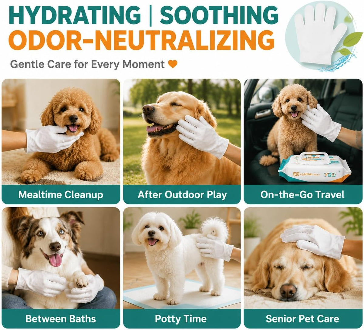 50 Pcs Pet Glove Wipes for Dogs & Cats, Pet Cleaning Gloves