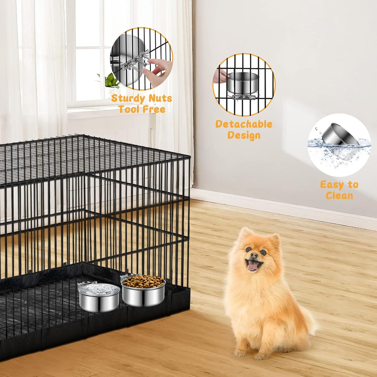 Small Dog Bowls, ShineMe 2 Pack Stainless Steel Pet Bowls Easily Affixes to Crate, Cage or Kennel - Non Spill Food & Water Bowls for Cat, Puppy, Birds, Guinea Pigs, Rabbit (4.7 x 2.1” & 3.9 x 1.9”)